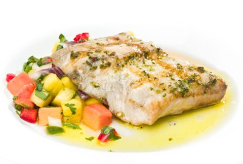 Grilled Perch with Citrus Salsa, Cilantro Sauce and Salsa Verde
