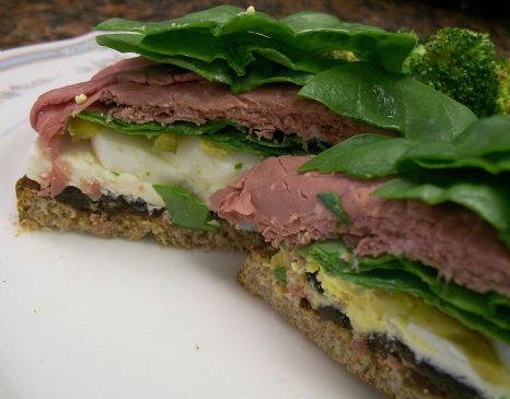Roast Beef Whole grain Open Sandwich with Spinach, Egg, Fresh Mozzarella & Prunes
